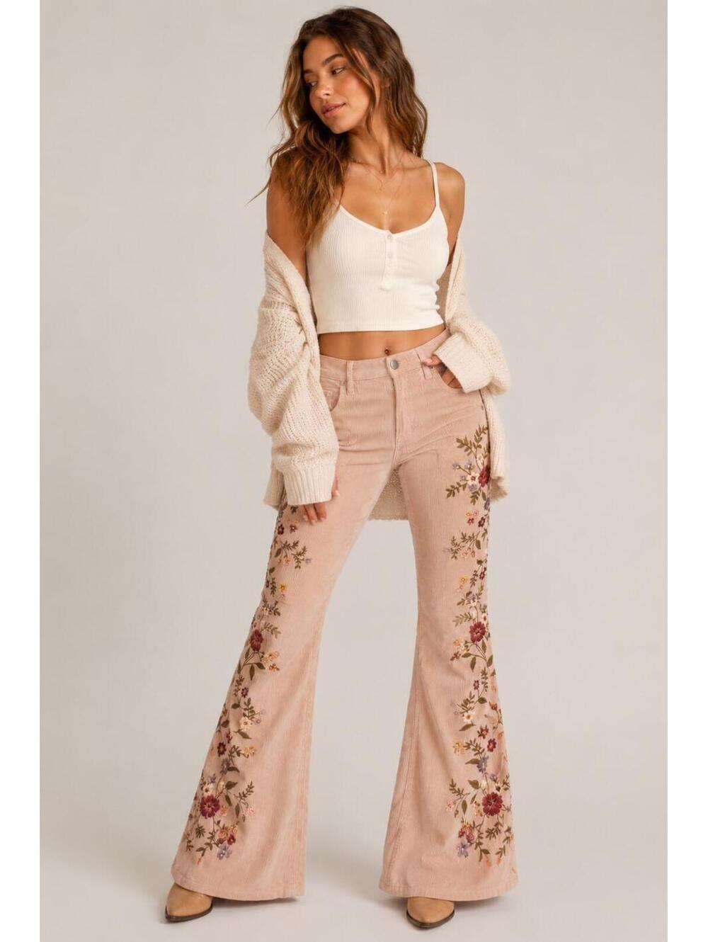 Embroidered Floral Flare Pants - Blush Pink